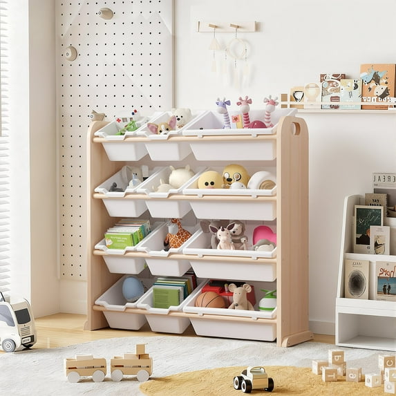 VECELO Kids Toy Storage Organizer with 12 Plastic Storage Bins, Large Capacity Wooden Toy Shelf for Toys, Books and Toddlers Playroom, Oak Color