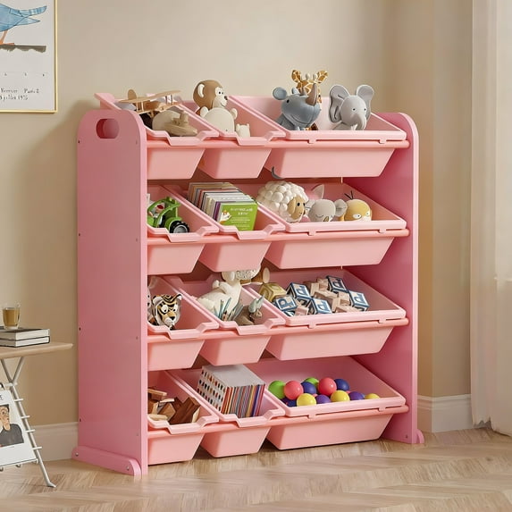 VECELO Kids Toy Storage Organizer with 12 Plastic Storage Bins, Large Capacity Wooden Toy Shelf for Toys, Books and Toddlers Playroom, Pink
