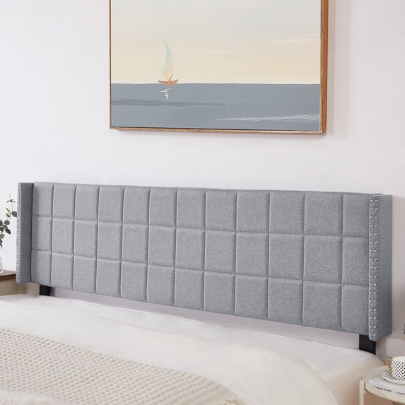 VECELO King Size Adjustable Height Upholstered Headboard, Modern Wingback Headboard with Double Nailhead Trimming and Button Tufting for Bedroom, Light Gray