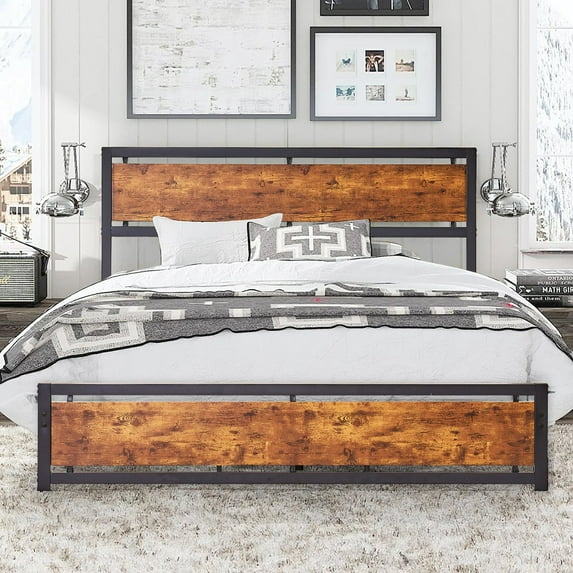 VECELO King Size Bed Frame, Metal Platform Bed Frame Wooden Headboard and Footboard, Strong Metal Support Frame, Under Bed Storage, Easy to Assemble, Brown
