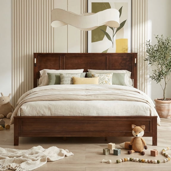 VECELO King Size LED Bed with Charge Station, Farmhouse Bed Frame with Tall-Panel Headboard & Footboard, Brown