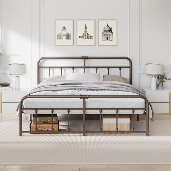 VECELO King Size Metal Bed Frame, Foundation Heavy Duty Steel Slats Platform Bed Frame, Easy-Assembly, Bronze Purple