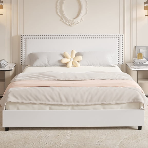 VECELO King Size Bed with 4 Storage Drawers Upholstered Platform Bed Adjustable with Nailhead Trim Headboard Wooden Slats Support Bed Frame, White
