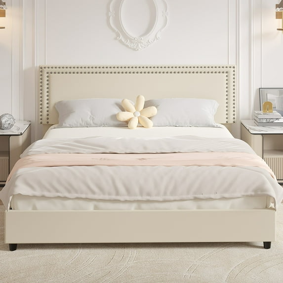 VECELO King Size Bed with 4 Storage Drawers Upholstered Platform Bed Adjustable with Nailhead Trim Headboard Wooden Slats Support Bed Frame, Beige