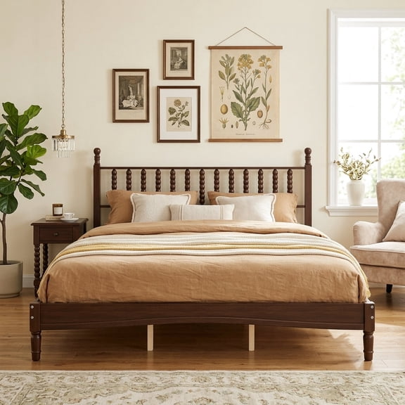 VECELO King Size Spindle Bed Frame, Classic Windsor Style Platform Bed with Wood Slats and Headboard, No Box Spring Needed, Easy Assembly, Walnut