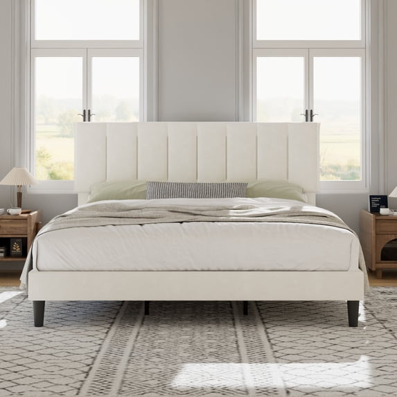 VECELO King Size Upholstered Bed Frame Black Metal Frame Bed with Adjustable Headboard Wood Slat No Box Spring Needed/Easy Assembly,White