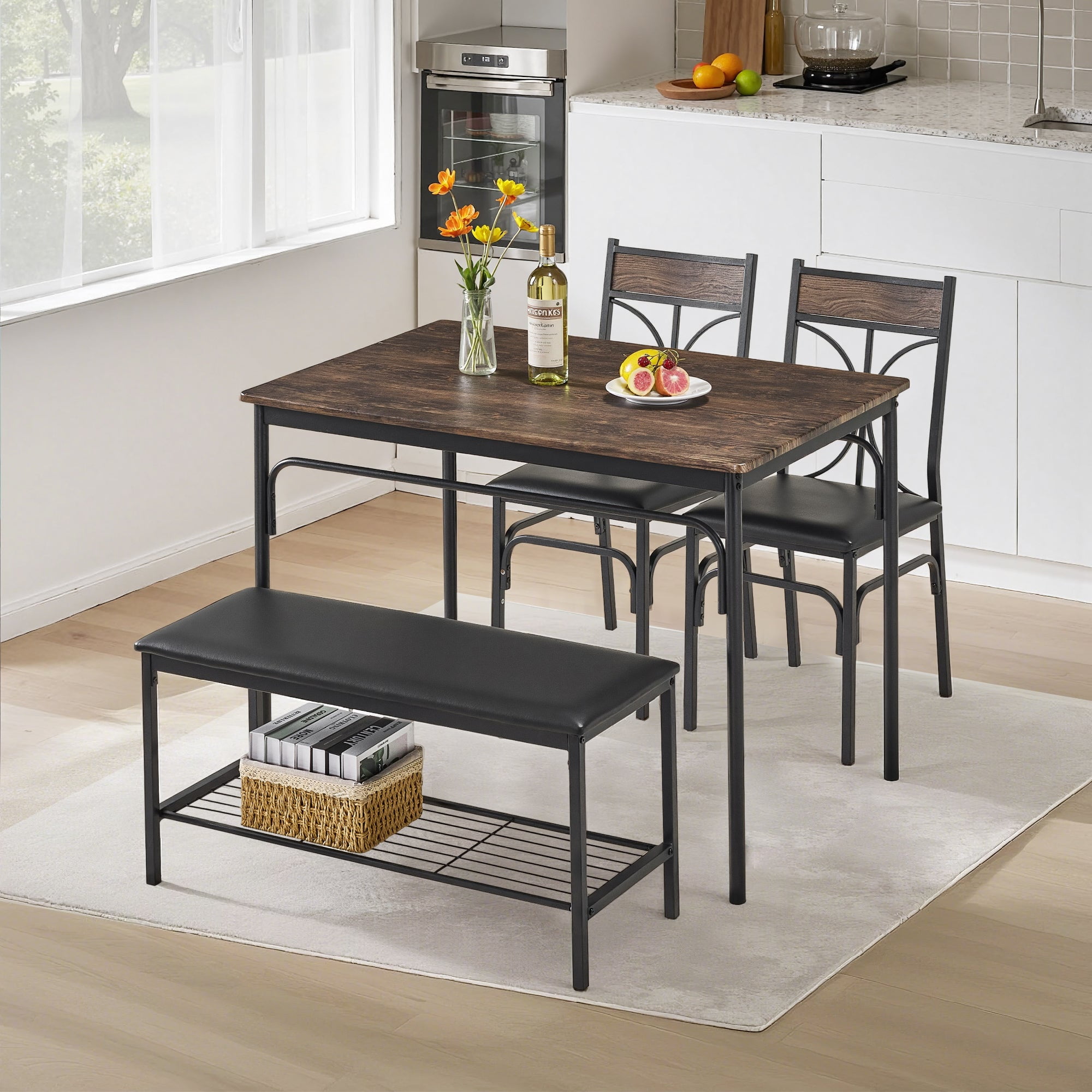 VECELO Kitchen Dining Table Set for 4 with Upholstered Bench & 2 Chairs ...