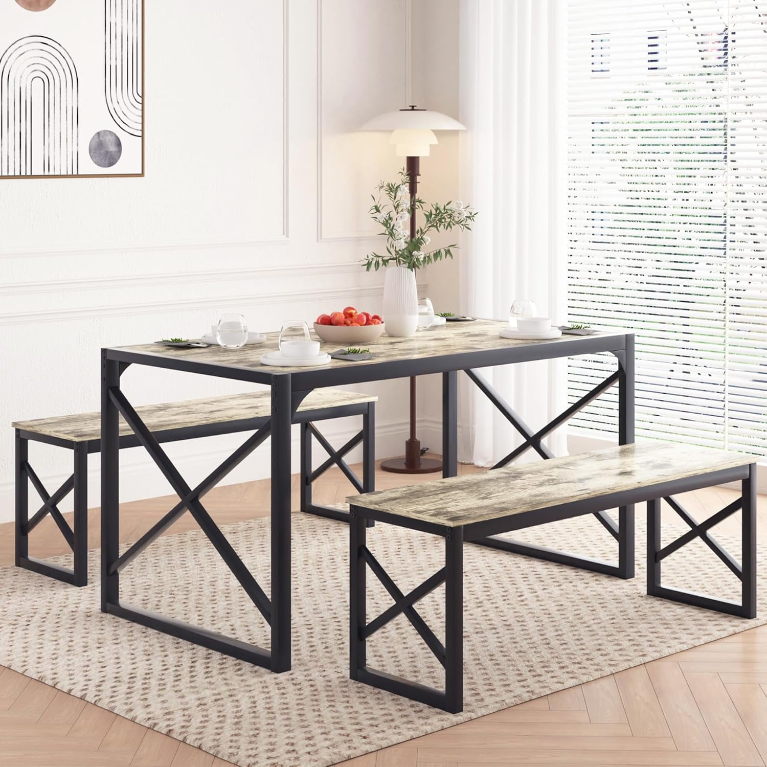 VECELO Kitchen Table with 2 Benches for 4, Wood Dining Room Dinette ...