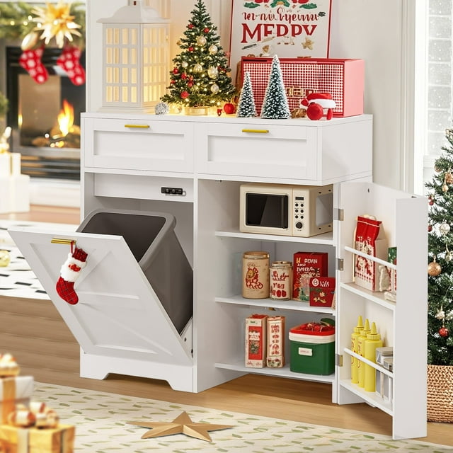 VECELO Kitchen Tilt Out Trash Cabinet 13 Gallon, Kitchen Island with Trash Can Storage & Power Outlet, Adjustable Shelf, 2 Drawers, Negative Ion and Deodorizing Function, White
