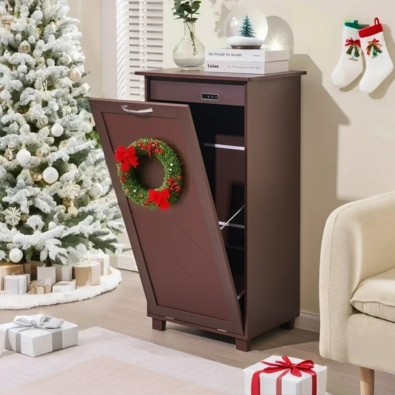 VECELO Kitchen Trash Can Cabinet, 10-13 Gallon Wooden Tilt Out Storage Can Holder Garbage Recycling Cabinet, Brown