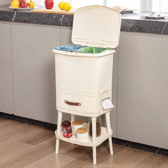 VECELO Kitchen Trash Can with Lid, Recycling Plastic Garbage Can with Drawer and Storage Shelf, White