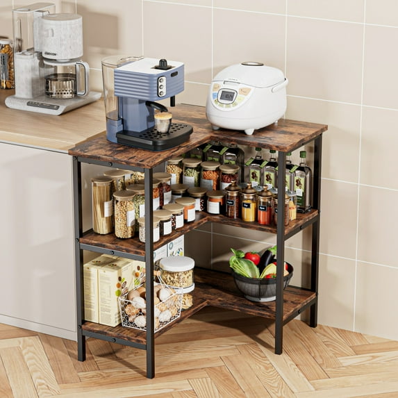 VECELO L-Shaped 3 Tiers Corner Shelf, Brown