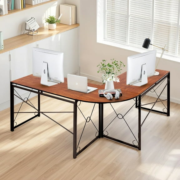VECELO L-Shaped Desk, Corner Computer Desk for Home Office, Multi-Usage Long 2 Person Sturdy Writing Table, Easy Assembly/Saving Space, Brown