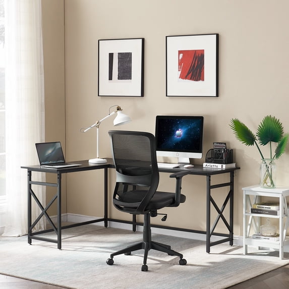 VECELO L-Shaped Computer Desk and Chair Set, Writing Desk For Home Office, Black