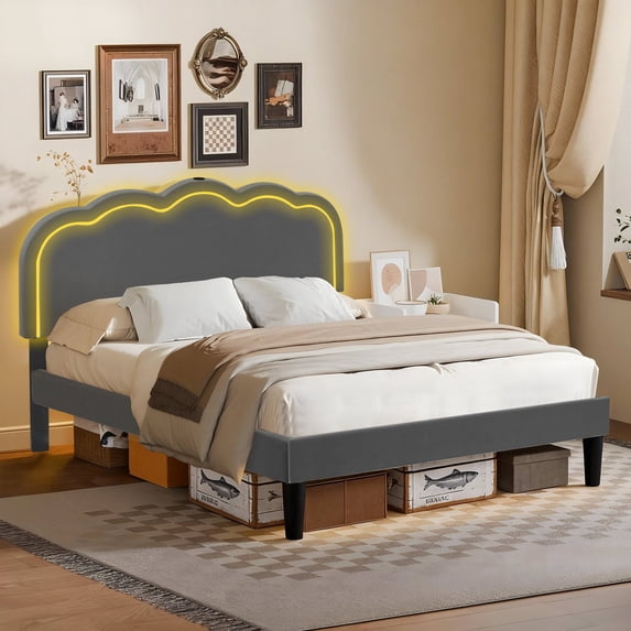 VECELO LED Bed Frame, Full Size Upholstered Platform Bed Frame with Adjustable Charging Station Headboard, No Box Spring Needed, Easy Assembly, Gray