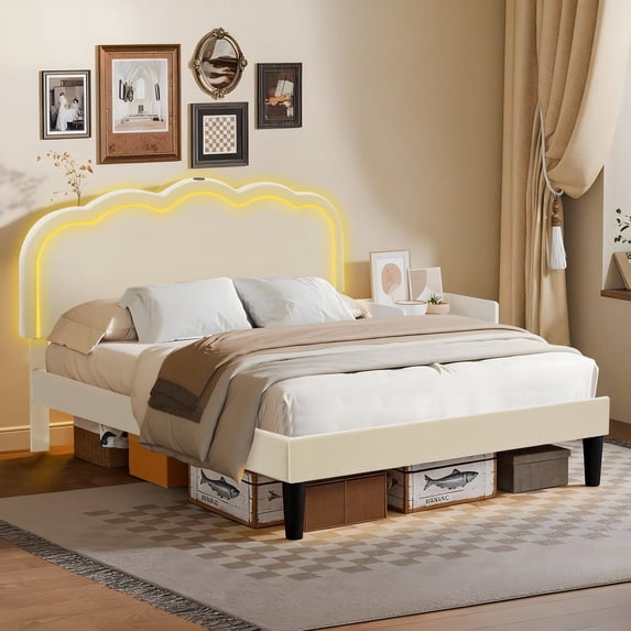VECELO LED Bed Frame, Queen Size Upholstered Platform Bed Frame with Adjustable Charging Station Headboard, No Box Spring Needed, Easy Assembly, Beige