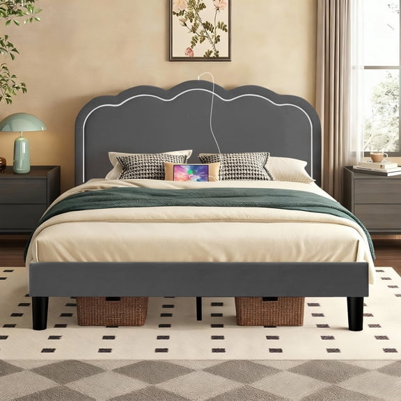 VECELO LED Bed Frame, Queen Size Upholstered Platform Bed Frame with Adjustable Charging Station Headboard, No Box Spring Needed, Easy Assembly, Gray