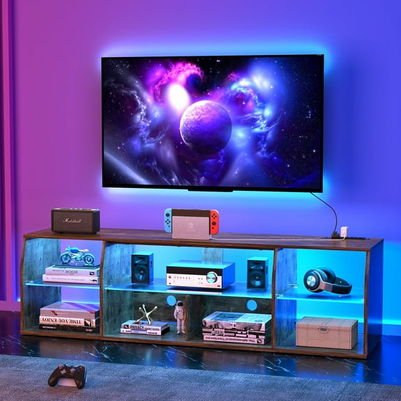 VECELO LED TV Stand for TV up to 75", 70" Entertainment Center with Charging Station, 3-Tier TV Console with Open Shelves for Living Room Bedroom, Brown