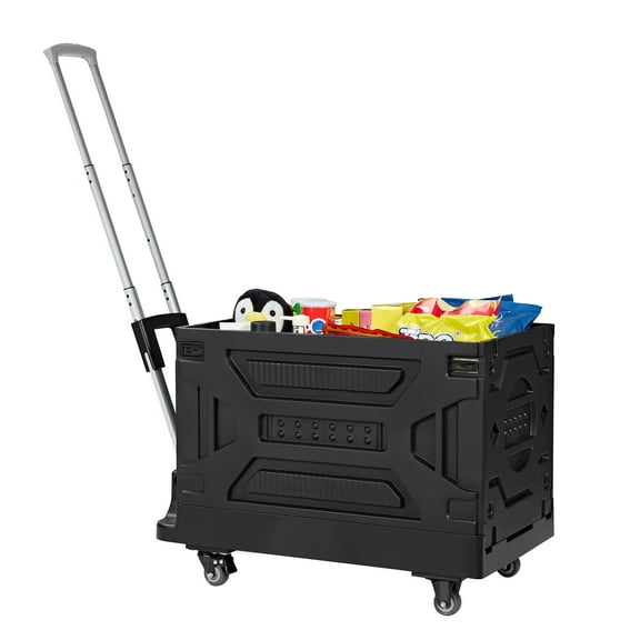 VECELO Large Foldable Utility Cart, Portable Rolling Crate Handcart with Adjustable Handle, Shopping Trolley Collapsible Tool Box with Lid & Wheels, Black