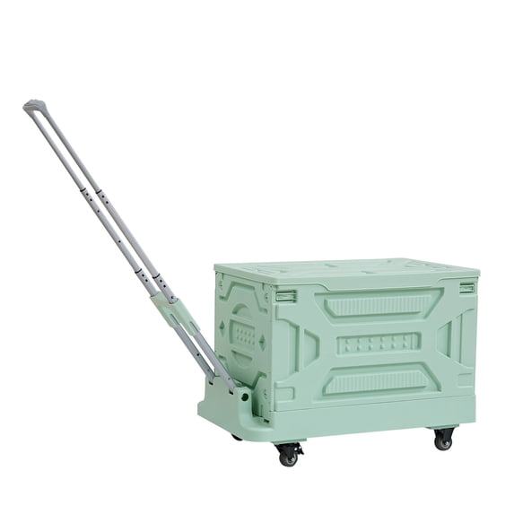 VECELO Large Foldable Utility Cart, Portable Rolling Crate Handcart with Adjustable Handle, Shopping Trolley Collapsible Tool Box with Lid & Wheels, Green