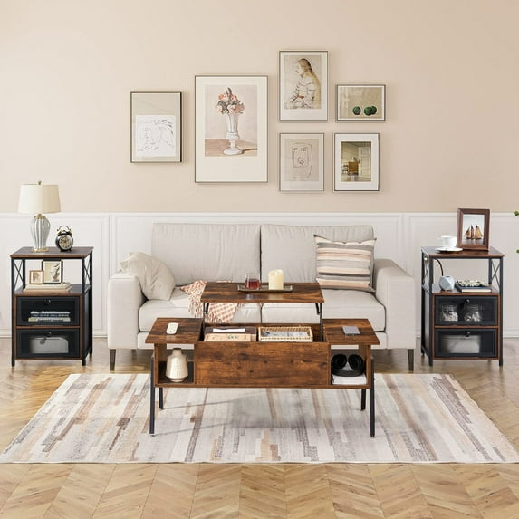 VECELO Living Room Furniture Sets, Coffee Table with Lift Top and Two Nightstands, Small Modern Coffee Table for Living Room, Space-saving, Brown