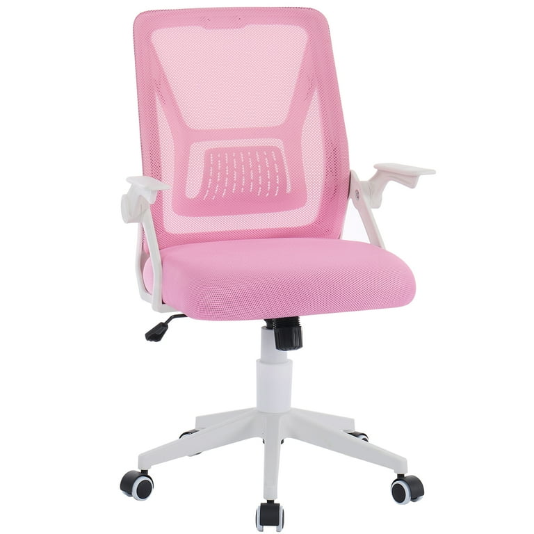VECELO Mesh Office Chair Mid Back Swivel Adjustable Ergonomic Home Office Chair with Lumbar Support and Flip up Arms Pink