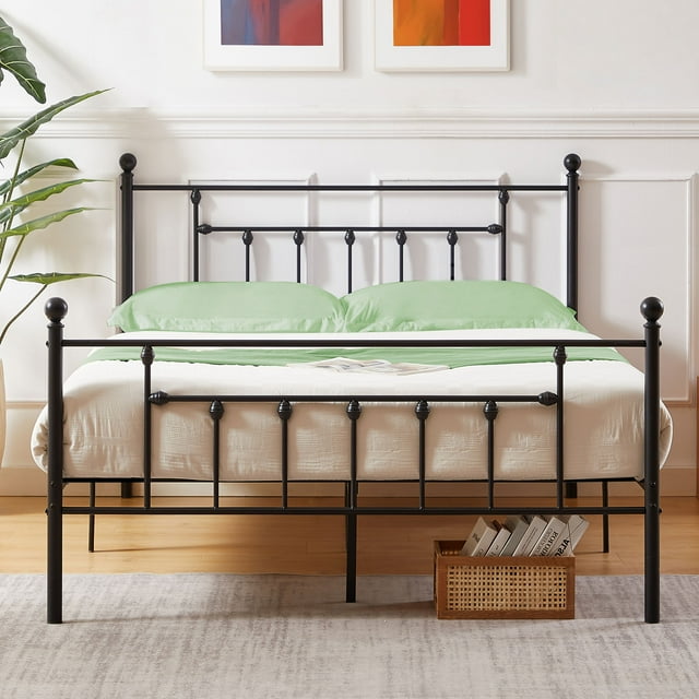 VECELO Queen Size Iron Slat Bed Frame with Metal Platform, Headboard