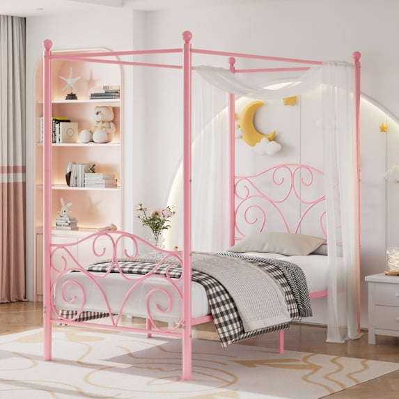 VECELO Metal Canopy Bed Frame Twin, Four Posters Platform Bed with Headboard and Footboard, No Box Spring Needed, Pink