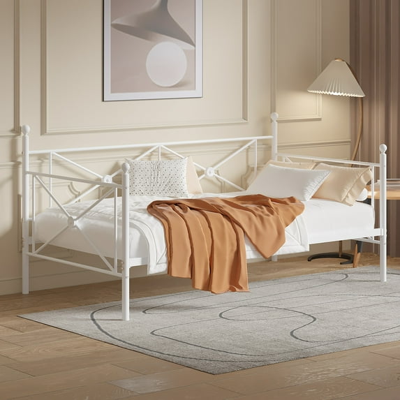 VECELO Metal Daybed Platform Frame, Bed Sofa for Living Room Guest Room, Twin Size, White