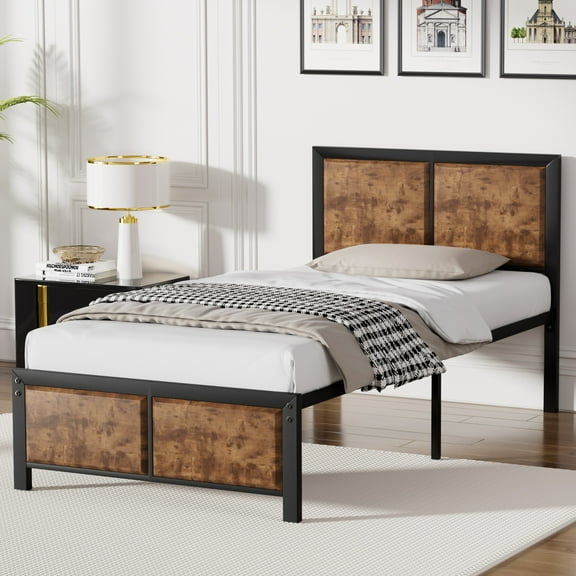VECELO Metal Platform Bed Frame, Wooden Headboard and Footboard, Black & Wood Grain, Twin Size