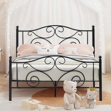 VECELO Metal Platform Bed Frame with Butterfly Shape Headboards and Footboard, Queen Size, Black