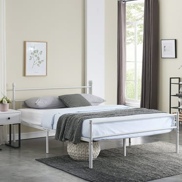 VECELO Metal Platform Bed Frame with Headboard, No Box Spring Need, Queen Size, White