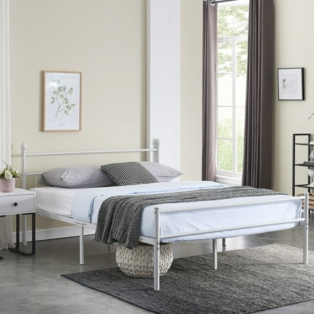 VECELO Metal Platform Bed Frame with Headboard, No Box Spring Need, Queen Size, White