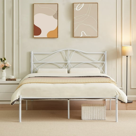 VECELO Metal Platform Bed Frame with Headboard, Queen Size, White