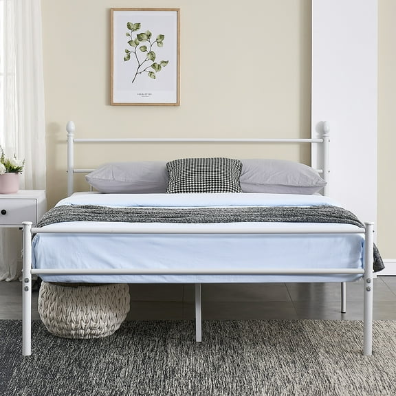 VECELO Metal Platform Bed Frame with Headboard and  Footboard, No box Spring Needed, Queen Size, White