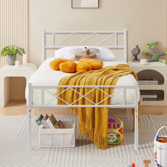 VECELO Metal Platform Bed Frame with Headboard and Footboard, Strong Metal Slat Support, No Box Spring Needed, Twin Size, White