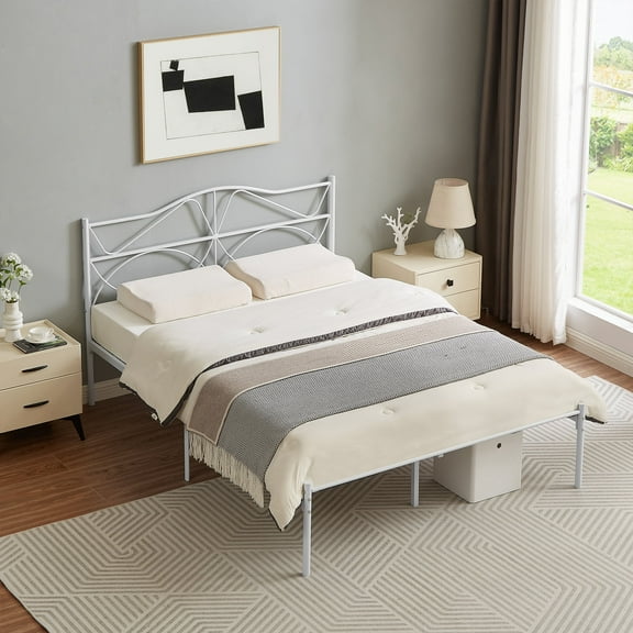VECELO Metal Platform Bed Frame with Victorian Headboard, Full Size, White