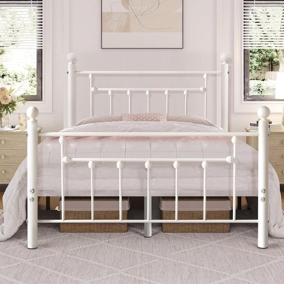 VECELO Metal Platform Bed Frame with Victorian Headboard and Footboard, Full Size, White