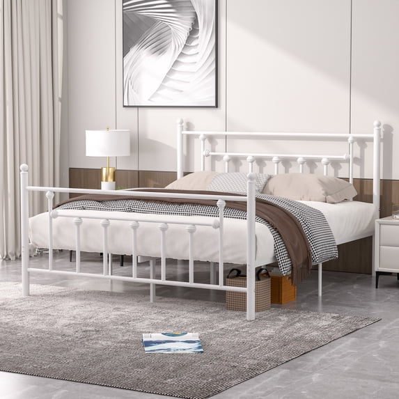 VECELO Metal Platform Bed Frame with Victorian Headboard and Footboard, Full Size, White
