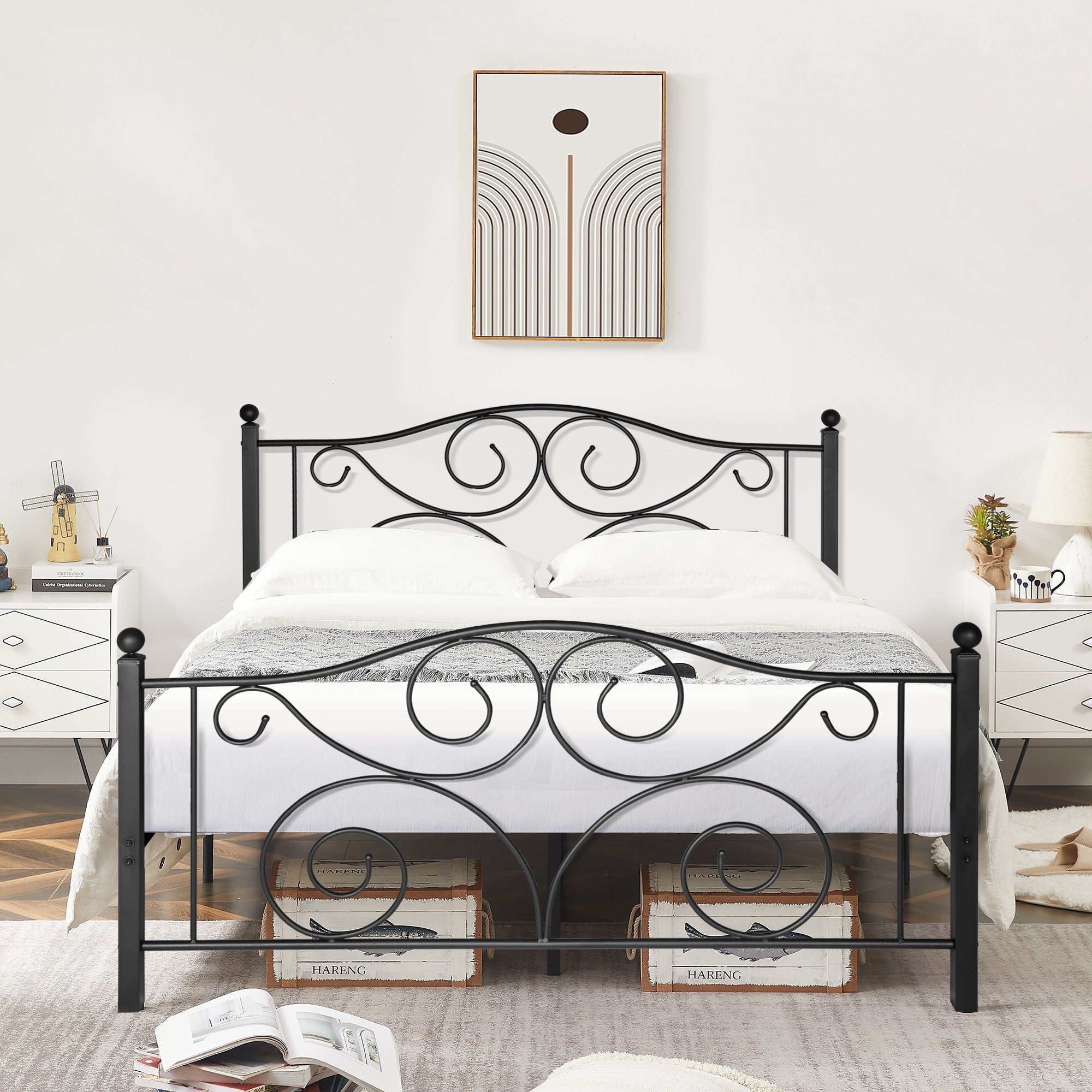 Victorian Black Metal Queen Platform Bed Frame with Headboard and Footboard