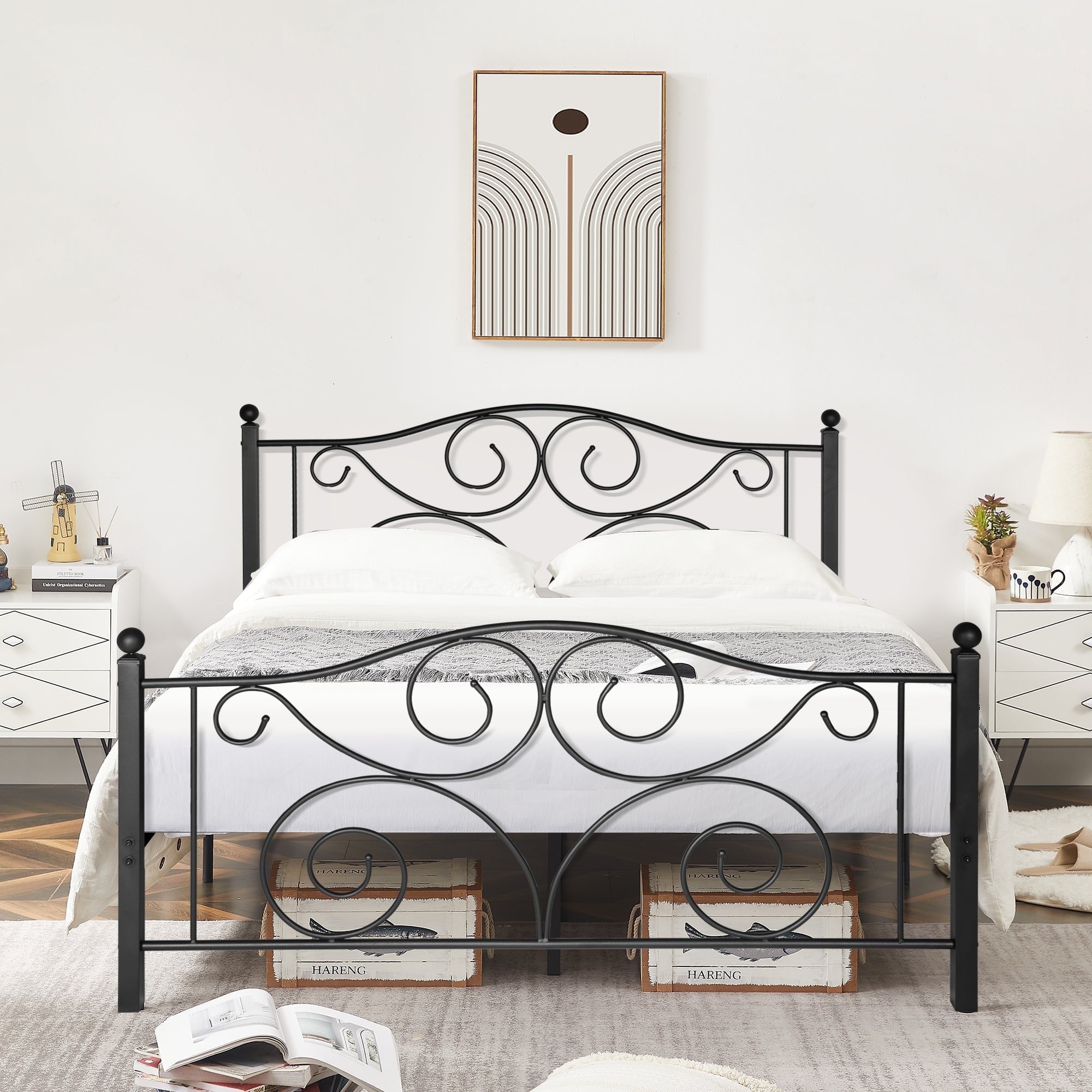Victorian Black Metal Queen Platform Bed Frame with Headboard and Footboard