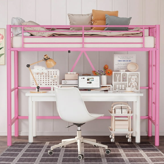 VECELO Metal Twin Size Loft Bed Frame with Stairs & Full-Length Guardrail, Loft Bed for Bedroom, Space-Saving Design, No Box Spring Needed, Pink