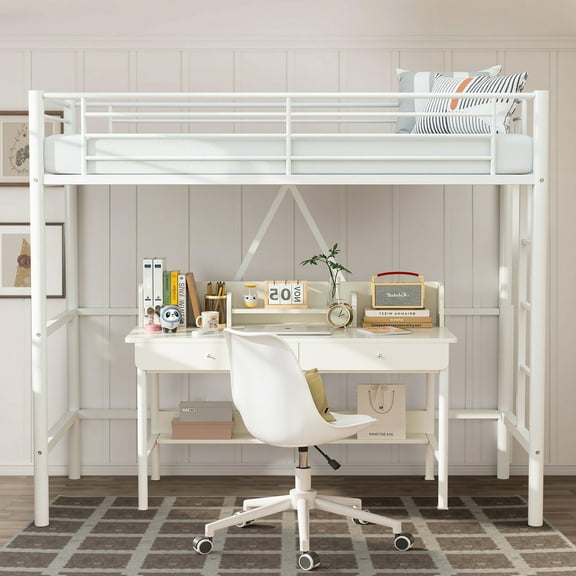 VECELO Metal Twin Size Loft Bed Frame with Stairs & Full-Length Guardrail, Loft Bed for Bedroom, Space-Saving Design, No Box Spring Needed, White