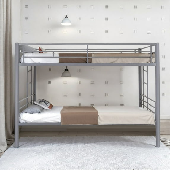 VECELO Metal Twin Over Twin Bunk Beds with Double Sided Ladder and Full-Length Guardrail, Heavy Duty Metal Bed Frame for Adults, No Box Spring Needed, For Dorm, Grey