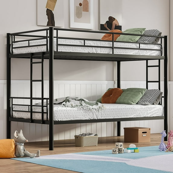 VECELO Metal Twin Over Twin Bunk Beds with Double Sided Ladder and Full-Length Guardrail, Heavy Duty Metal Bed Frame for Kids Boys Girls Teens Adults, No Box Spring Needed, Black