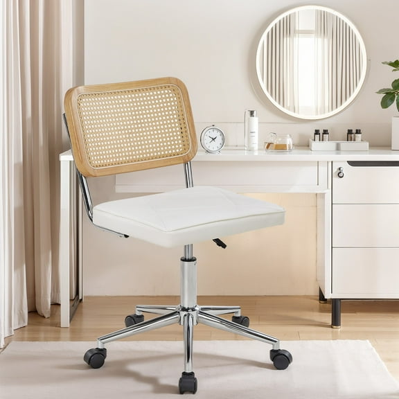 VECELO Mid Century Home Office Chair with Wheels, Modern PU Leather Desk Chair with Rattan Backrest, Adjustable Height Task Chair Swivel Computer Chair, White
