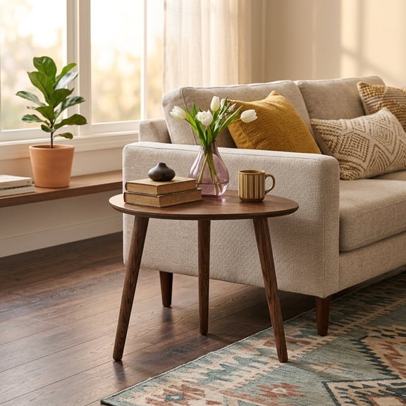 VECELO Mid Century Round Wooden Side Table, End Table with 3 Solid Legs, Small Accent Sofa End Side Table for Living Room Bedroom, Large