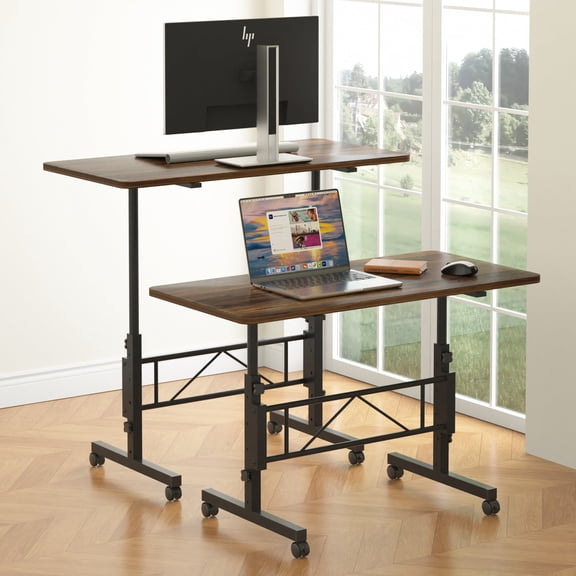 VECELO Mobile Sofa Side Table, Height Adjustable Large Desktop Table with Wheels for Living Room Bedroom, Brown