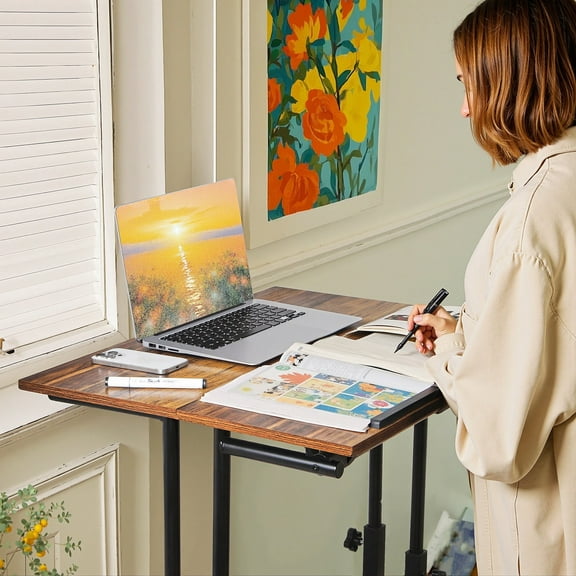 VECELO Mobile Standing Desk, Height Adjustable Home Office Desk with 2 Modes, Tilt Tabletop and Flexible Wheels, Rolling Laptop Cart, Standing Desk, Brown