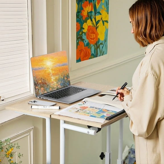 VECELO Mobile Standing Desk, Height Adjustable Home Office Desk with 2 Modes, Tilt Tabletop and Flexible Wheels, Rolling Laptop Cart, Standing Desk, Natural